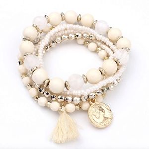 Boho Ivory Beaded Tassel Coin Multilayer Bracelet